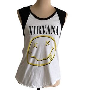 Nirvana Smiley Tank Shirt Women S Black White Raglan Baseball Style Grunge Music